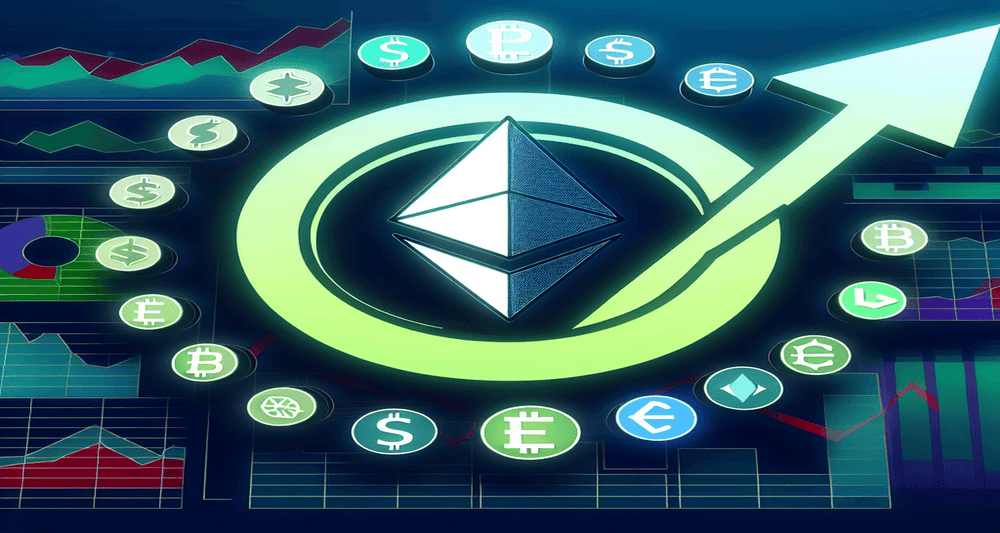 Ethereum rising with $87 million inflows, surrounded by icons of Bitcoin, Solana, Litecoin, XRP, Chainlink, Cardano, and BNB, set against charts.