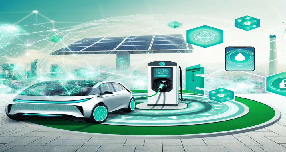 Sleek electric vehicle charging at a futuristic station with renewable energy icons, blockchain elements, and a mobile app interface in a high-tech cityscape.