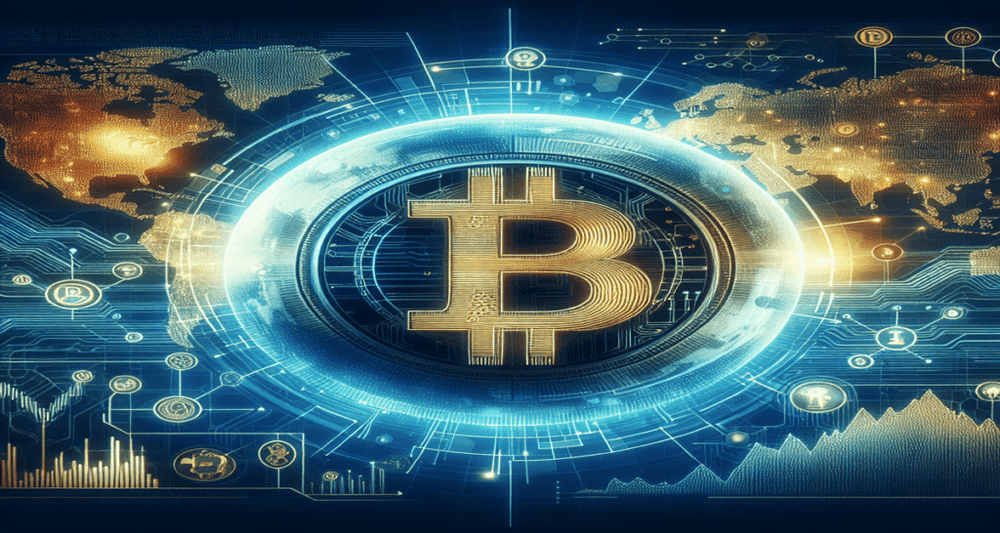 Futuristic financial landscape with a large Bitcoin symbol, global market graphs, abstract world maps, and digital assets in blue and gold tones.