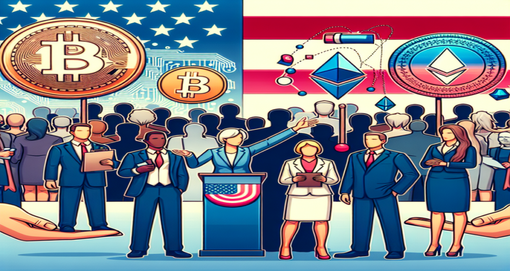 Vice President Kamala Harris engaging with diverse voters, digital currency symbols, American flag, and blockchain motifs in a modern illustration.