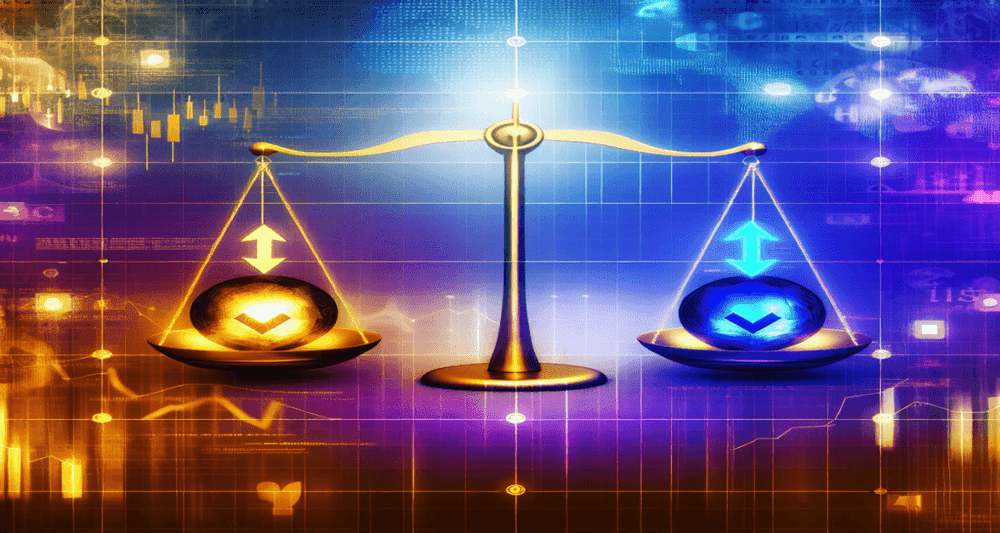 A digital scale shows Binance's golden balance decreasing and Crypto.com's blue balance rising, with arrows and graphs indicating market trends.