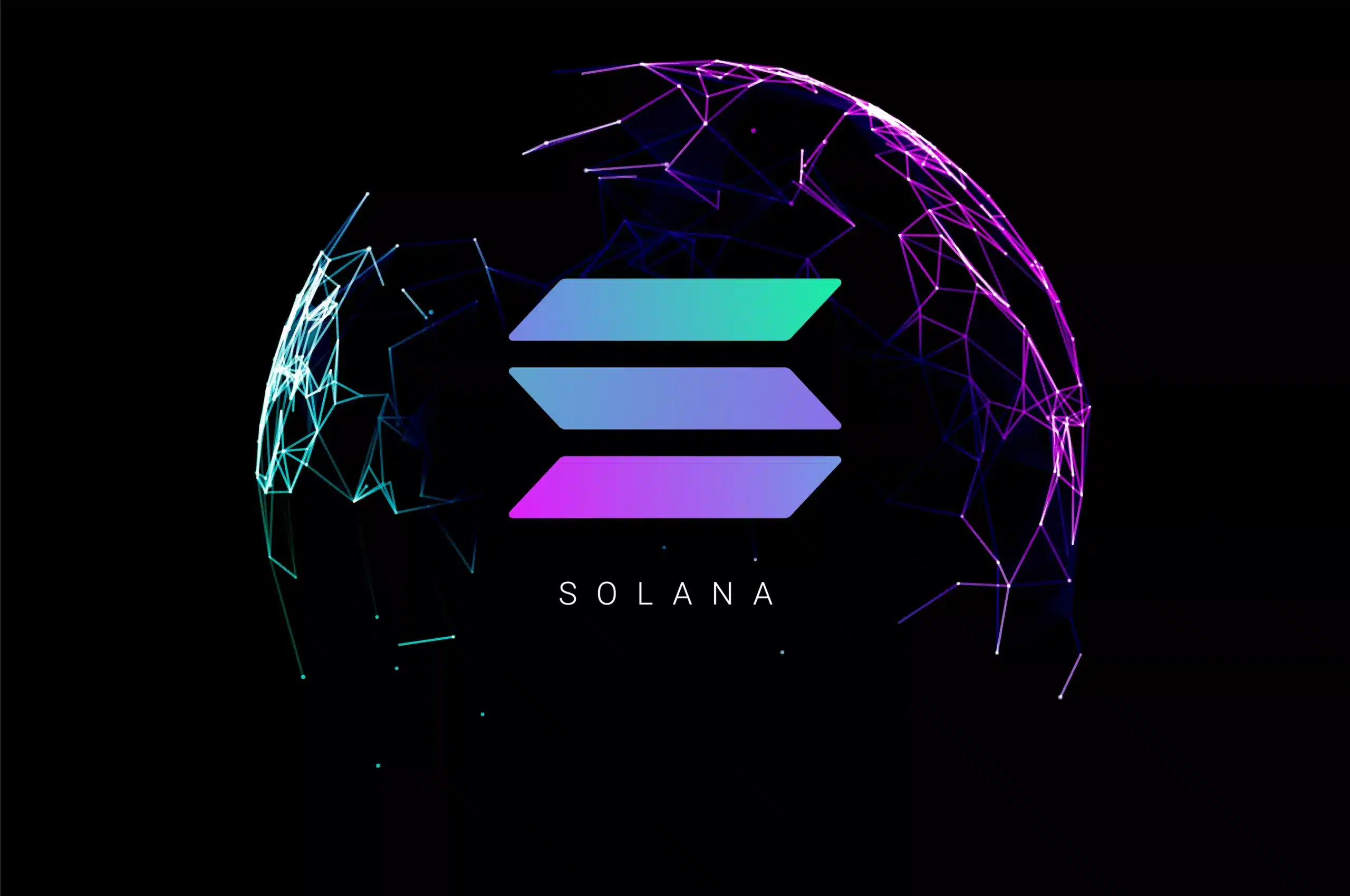 Solana logo of 3 lines with the word solana written underneath it surrounded by a digitial globe. image is black and shades of dark and light purple