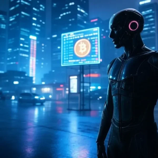 A cyberpunk-themed scene depicting a high-tech urban environment with towering neon-lit buildings and holographic displays. In the center, the Bitcoin symbol stands prominently, glowing with a secure lock icon to emphasize self-custody. Adjacent to it, holographic charts and graphs illustrate Bitcoin's value, while robotic arms, symbolizing Trezor analysts, manipulate data without any human faces visible. The backdrop is a dark, futuristic city with digital rain, emphasizing the theme of decentralized protection in a world of institutional adoption.