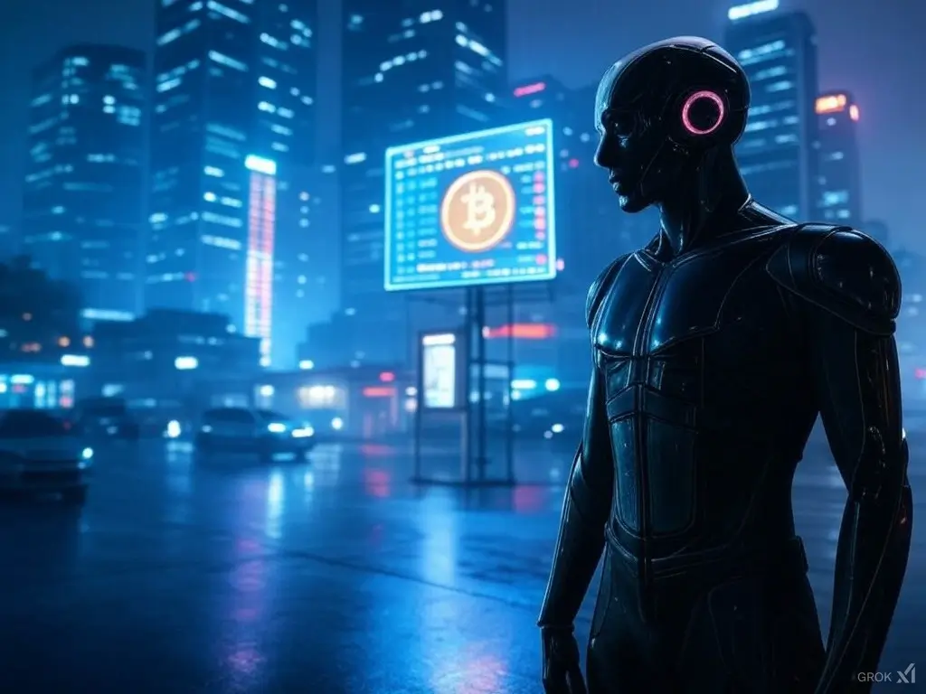 A cyberpunk-themed scene depicting a high-tech urban environment with towering neon-lit buildings and holographic displays. In the center, the Bitcoin symbol stands prominently, glowing with a secure lock icon to emphasize self-custody. Adjacent to it, holographic charts and graphs illustrate Bitcoin's value, while robotic arms, symbolizing Trezor analysts, manipulate data without any human faces visible. The backdrop is a dark, futuristic city with digital rain, emphasizing the theme of decentralized protection in a world of institutional adoption.