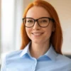 Portrait of Jessica Robinson, a woman with long, red hair, smiling softly, wearing a light blue blouse against a neutral background