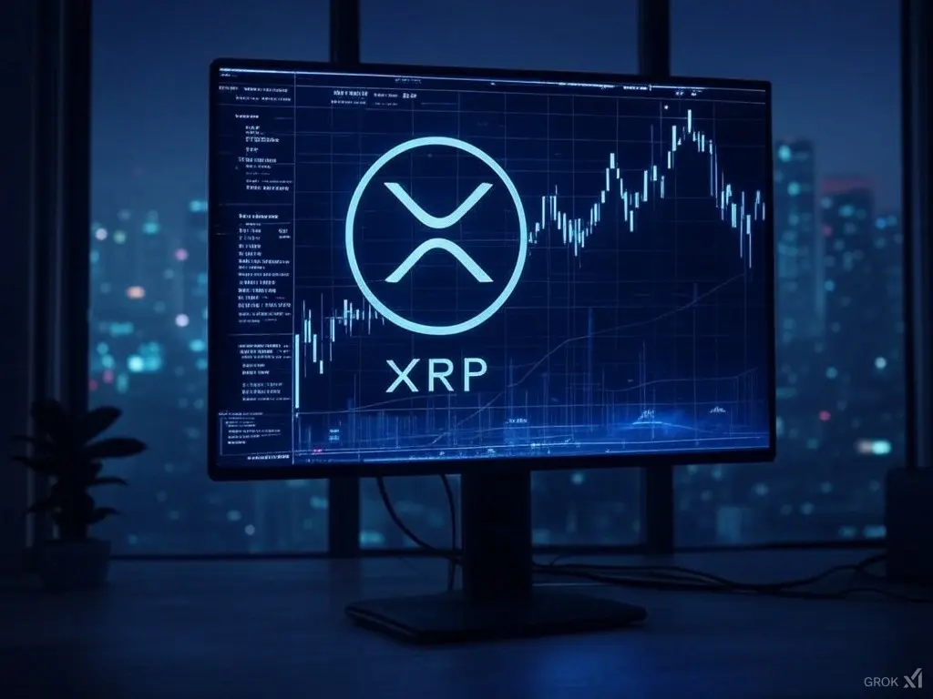 A cyberpunk-themed image showcasing a futuristic cityscape with neon-lit skyscrapers and holographic billboards. Central to the image is the XRP logo, glowing brightly with a dynamic, upward trending graph symbolizing strong bullish momentum. In the foreground, expert holograms analyze data, pointing to resistance levels and various market indicators, all set against a backdrop of dark, moody skies with digital rain and flying vehicles