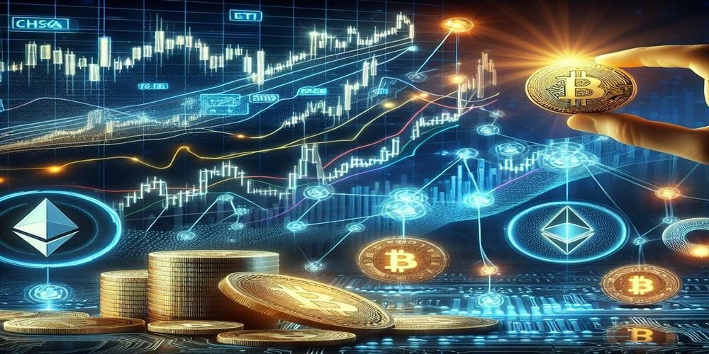 Photorealistic depiction of crypto market: bearish Bitcoin and Ethereum charts on left, optimistic Qubetics growth on right, trading screen.